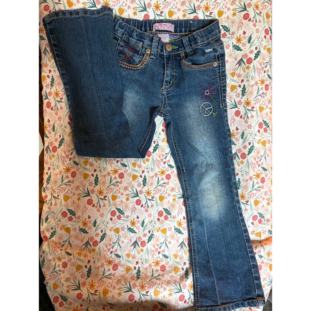 Vintage y2k OTB Jeans flare bell bottom embroidered blue jeans, girl’s size 6